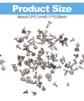 Watch Screws Kit 100 Pieces Micro Screw Assortment scattered on white background, 0.3x0.1cm, silver finish
