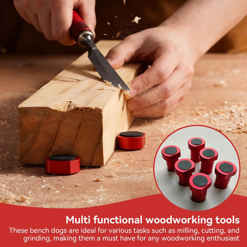12 Piece Aluminum Alloy Bench Dog Clamp Set For MFT Workbenches With Non Slip Surfaces in use on a wooden block