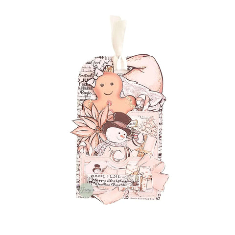 Stitched Pocket Tag Die Cut Set Of 3 For Card Making And Gift Tags, featuring decorated tag with gingerbread and snowman accents.