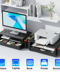 Desk Organizer And Monitor Stand With Drawer And Two Pen Holders Black Space Saving Desktop Riser For Office And Dorm Room Setup Built In Drawer Cable Management Sturdy Metal Construction With Non Slip Feet.