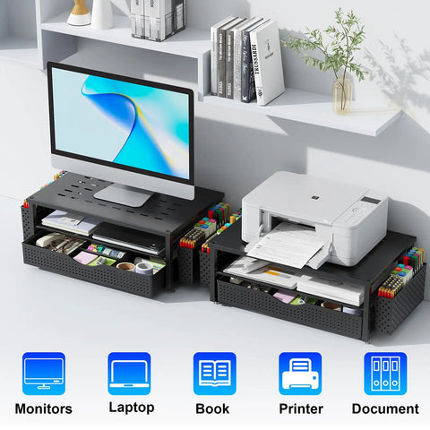 Desk Organizer And Monitor Stand With Drawer And Two Pen Holders Black Space Saving Desktop Riser For Office And Dorm Room Setup Built In Drawer Cable Management Sturdy Metal Construction With Non Slip Feet.