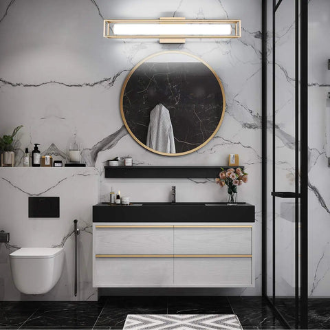 Luxury bathroom with 6000K Dimmable Vanity Light Bar For Bathroom, 26 Inch Champagne Gold LED Mirror Fixture, modern design.