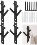 Hella Sturdy Cast Iron Tree Branch Wall Hooks Set Of Four Premium Heavy Duty Wall Mount Storage Organizers with screws.