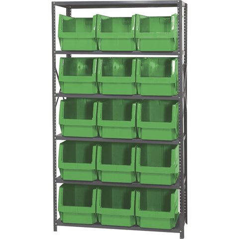 Heavy Duty Metal Shelving Unit With 15 Large Parts Bins, 18 By 42 By 75 Inch Garage Rack, Green Steel Frame, 350 Pound Capacity Heavy Hitter For Home Shops featuring 15 green bins.
