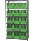 Heavy Duty Metal Shelving Unit With 15 Large Parts Bins, 18 By 42 By 75 Inch Garage Rack, Green Steel Frame, 350 Pound Capacity Heavy Hitter For Home Shops with green bins organized.