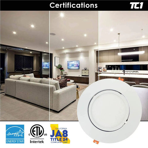 Living room with 6 Inch White Adjustable Gimbal Wafer Downlight 12W 5CCT 2700K 3000K 3500K 4000K 5000K Dimmable displayed