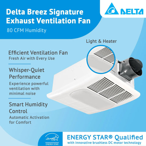 Bathroom Exhaust Fan With Light, Heater And Thermostat, Radiance 80 CFM White with energy-efficient ventilation system.