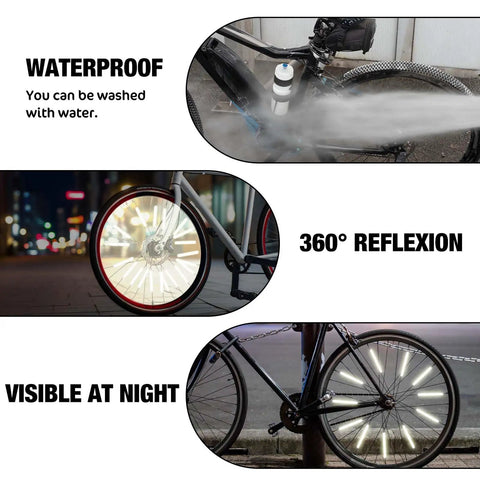 Reflective Spoke Covers 84 Pack For Bikes And Motorcycles on wheels demonstrating waterproof and night visibility features.