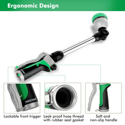 Ergonomic design of Heavy Duty Metal Watering Wand For Garden Hoses, 16-Inch Sprayer with lockable trigger and non-slip handle
