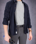Person wearing Mens No Scratch No Buckle Leather Mechanic Belt With Leather Covered Buckle Black 38 Waist Durable Full Grain Leather Safe Work Belt For Scratch Free Wear