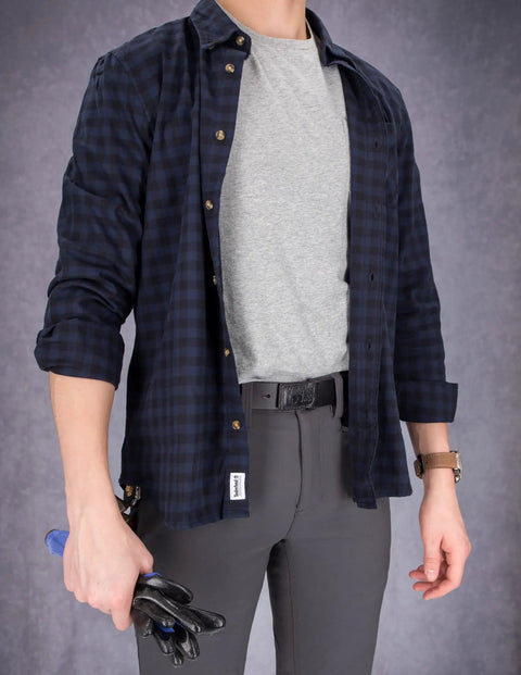 Person wearing Mens No Scratch No Buckle Leather Mechanic Belt With Leather Covered Buckle Black 38 Waist Durable Full Grain Leather Safe Work Belt For Scratch Free Wear