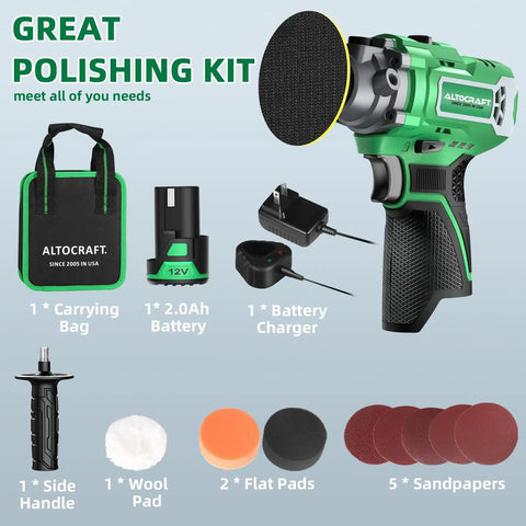 3 Inch Cordless Mini Polisher And Sander With 12V 2.0Ah Battery, Variable Speed, Includes 5 Sandpapers, 2 Flat Pads, Wool Pad For Car Detailing And Waxing, Perfect DIY Auto Buffing And Polishing Tool