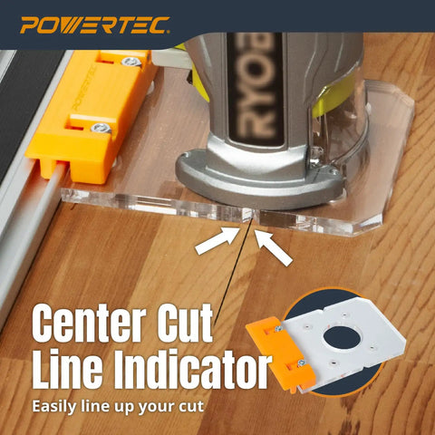 Router Guide Rail Adapter For Ryobi P601 PCL424 PCL424B And Ridgid R2911 showing center cut line indicator on wood.