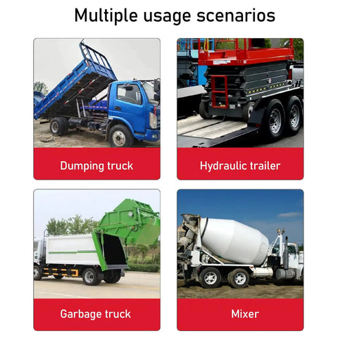 Four vehicles for different applications: blue dumping truck, hydraulic trailer, green garbage truck, and concrete mixer, illustrating versatility.