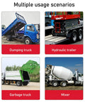 Four types of trucks: dumping truck, hydraulic trailer, garbage truck, and mixer showcasing versatile usage scenarios.