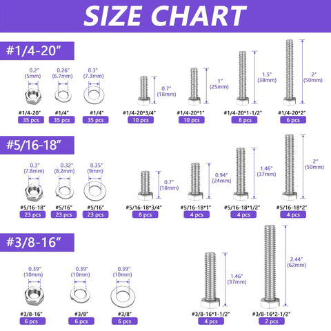Premium 304 Stainless Steel Hex Bolt Nut Washer Assortment Kit size chart showing dimensions for 1/4-20, 5/16-18, 3/8-16 sizes.