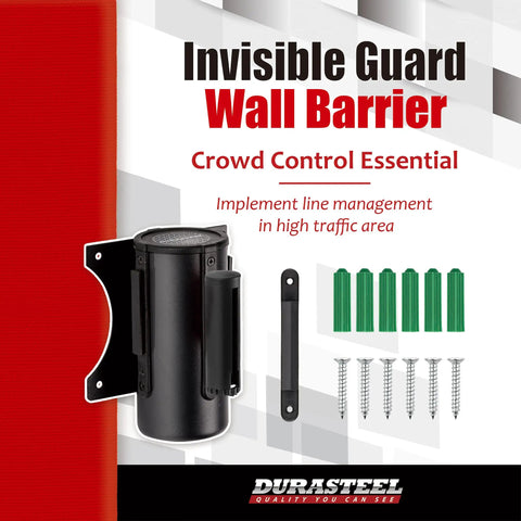 Wall Mount Retractable Belt Barrier With 9.2 Ft Red Belt In Sturdy Black Casing For Indoor And Outdoor Crowd Control