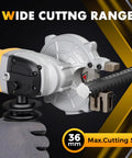 Pro Grade Electric Rebar Cutter Saw Kit With 1100W 120V 60Hz shown cutting 36mm rebar, highlighting wide cutting range.