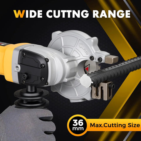 Pro Grade Electric Rebar Cutter Saw Kit With 1100W 120V 60Hz shown cutting 36mm rebar, highlighting wide cutting range.