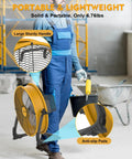 Worker holding Dual Power 16 Inch Floor Fan Cordless Or AC Powered, showing large handle and anti-slip pads. Ideal for jobsite.