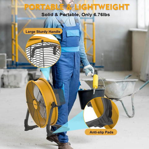 Worker holding Dual Power 16 Inch Floor Fan Cordless Or AC Powered, showing large handle and anti-slip pads. Ideal for jobsite.