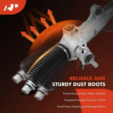 Close-up of hydraulic power steering rack and pinion with dust boots for Toyota Tacoma 1996-2004 and 4Runner 1996-2002