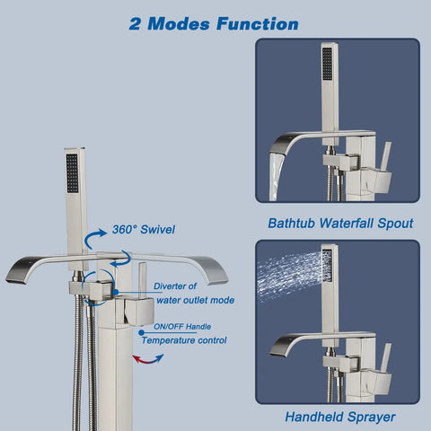 Freestanding Bathtub Faucet Floor Mount Tub Filler Brushed Nickel Brass Mixer Tap Waterfall Spout With Hand Shower 360 Degree Swivel