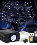 Car And Home Starlight Headliner Kit With 16W High Power RGBW Fiber Optic Lights displaying starry ceiling effect in car interior.