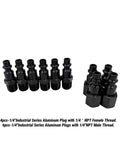 1/4-Inch Air Hose Fittings Kit With Quick Connects And 15-Piece Beefy Heavy-Duty Aluminum Air Coupler And Plug Set Lightweight Black Connector for compressors and pneumatic tools, black fittings shown
