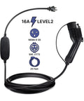 Portable Level 2 EV Charger 240V 16A With 25 Foot Cord Delivers Solid Speed Boost For Universal Vehicles, showing NEMA 6-20 plug and SAE J1772 connector.