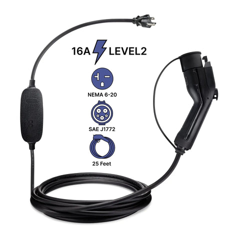 Portable Level 2 EV Charger 240V 16A With 25 Foot Cord Delivers Solid Speed Boost For Universal Vehicles, showing NEMA 6-20 plug and SAE J1772 connector.