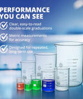 Lab glassware set with Low Form Griffin Beaker 250 mL With Double Scale Borosilicate Glass 25 To 200 mL Increments highlighted.