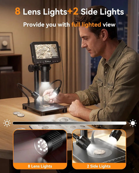 Coin Microscope With Built In 0.1g Weighing Scale Up To 300g 12MP Camera 4.3 Inch LCD Display 1080P Video Digital Magnifier For Error Coins Jewelry Inspection With LED Lights USB PC View For Collectors, man inspecting coin with 8 lens lights and 2 side lights