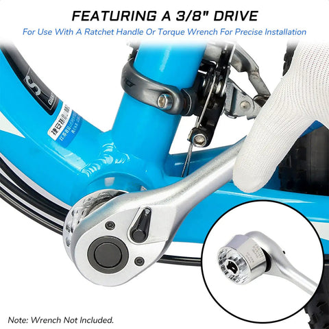 5 In 1 Do It All External Cup Bottom Bracket Tool with 3/8 Drive, shown in use with a bicycle frame, wrench not included