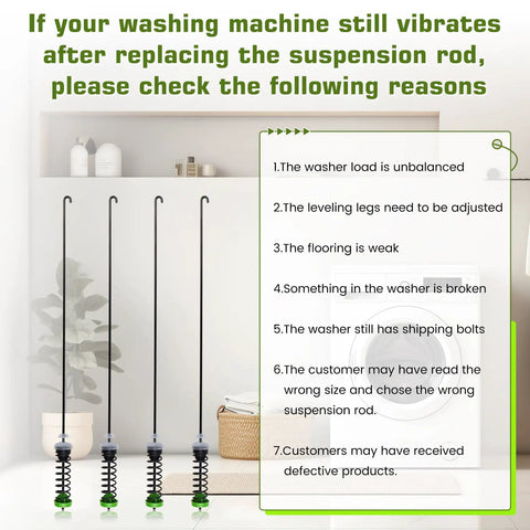 Illustration showing reasons for washing machine vibration with Washer Suspension Rod Kit Replacement parts.