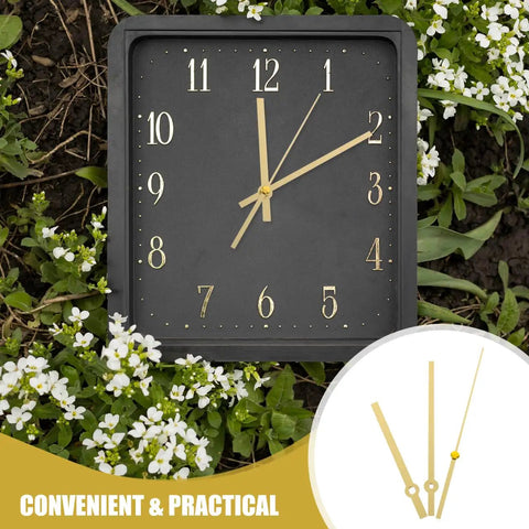 Metal Clock Hands Replacement Kit 10 Sets Handy DIY Wall Clock Hands displayed on black square clock against floral background