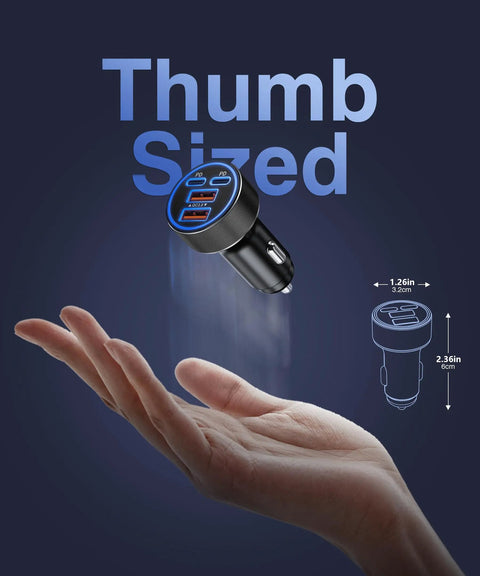 Two Pack 90W USB C Car Charger With Four Independent Power Ports Blazing Fast Cigarette Lighter Adapter shown in hand for size reference.