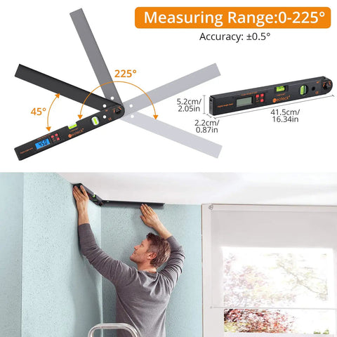 16 Inch Digital Angle Finder Protractor with 225 Degree Range used in ceiling installation, aluminum body with LCD backlight