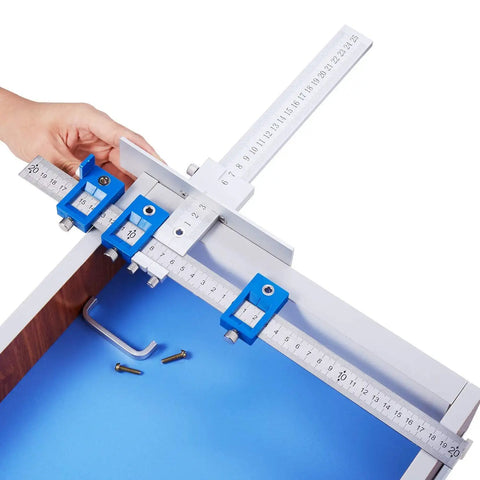 Heavy Duty Aluminum Cabinet Hardware Jig And Precision Drill Guide Sleeve For Dead On Drawer Pull Alignment and Hassle Free Cabinet Door Knob Installation No Sweat with adjustable rulers.