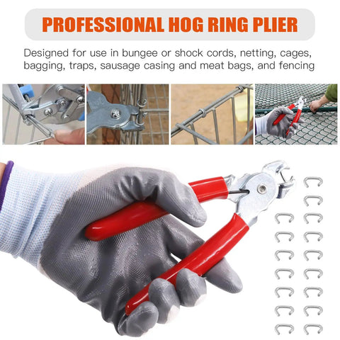 Three Eighth Inch Hog Ring Kit With One Thousand Galvanized Hog Rings, Pro Hog Ring Plier, And Cut Resistant Gloves shown in use