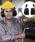 Beefed Up Heavy Duty Safety Hard Hat Earmuffs With Zero Hassle Adjustable Fit And Deep Noise Cancelling Seals For Crews Knocking Out Loud Job Site Projects worn by a worker.