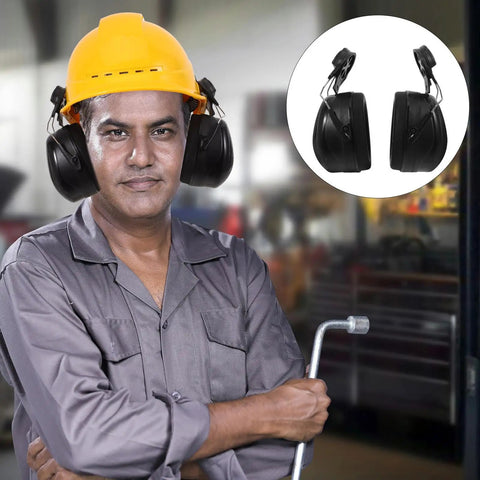 Beefed Up Heavy Duty Safety Hard Hat Earmuffs With Zero Hassle Adjustable Fit And Deep Noise Cancelling Seals For Crews Knocking Out Loud Job Site Projects worn by a worker.