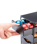 Hand pulling drawer of Three Tier Nespresso Vertuo Pod Drawer Holder Keeps 60 Pods Organized Space Saving Coffee Capsule Rack For Vertuo Plus