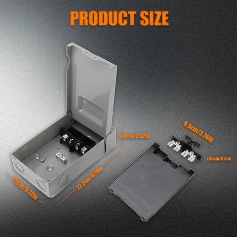 Built Tough And Weatherproof 60 Amp AC Disconnect Switch Box For Outdoor Units Zero Drama Power Shutoff 120 240 Volt NEMA 3R Galvanized Steel Panel with open lid showing interior.