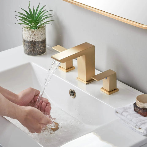 Sleek Brushed Gold 3 Hole Waterfall Bathroom Faucet With Dual Handles, Modern Vanity Sink Faucet Set, Easy Installation With Supply Hoses And Drain, 4.4 Inch Body, 5.5 Inch Spout Extension, Stylish Home Upgrade