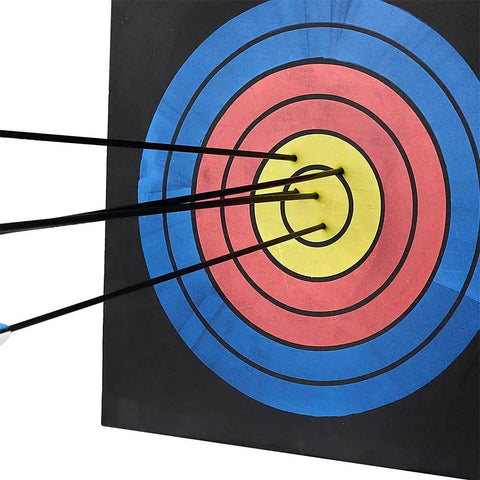 Portable Backyard Archery Target 50x50x5 CM High Density EVA Foam Layered Target with arrows in bullseye.