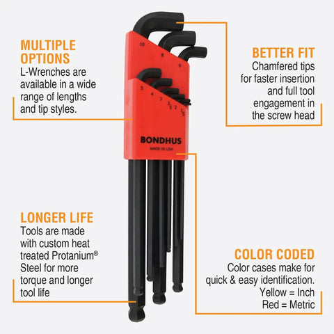 Set Of 9 Balldriver Stubby L Wrenches In 1.5 To 10 Mm, Angled Entry Up To 25 Degrees For Tight Spaces, Stubby Short Arm, Protanium Steel
