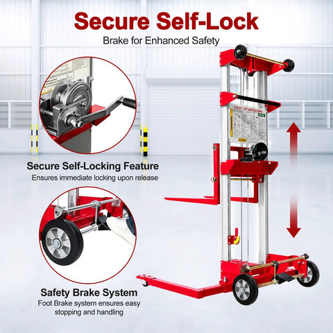 Premium 400 Pound Capacity Manual Material Lift Winch Stacker with secure self-lock brake feature for safe operation.
