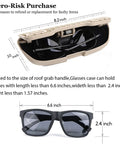 Custom Made Sunglasses Holder For BMW Driver Side Overhead Grab Handle Glasses Storage Box Fits 1 Series Through X7 F Chassis And G Chassis Black Easy Install Durable Car Accessory For Your Ride Glasses shown with size dimensions and sample sunglasses.