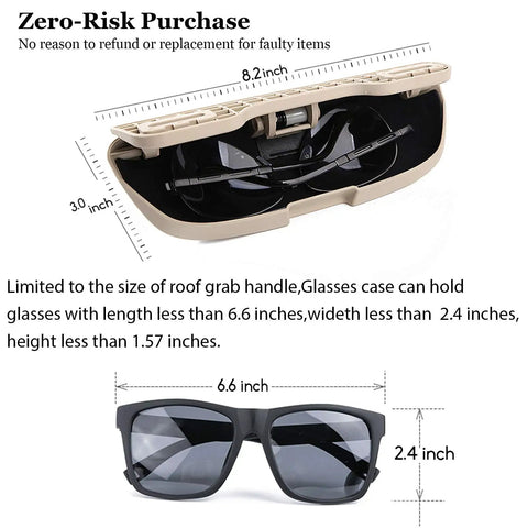 Custom Made Sunglasses Holder For BMW Driver Side Overhead Grab Handle Glasses Storage Box Fits 1 Series Through X7 F Chassis And G Chassis Black Easy Install Durable Car Accessory For Your Ride Glasses shown with size dimensions and sample sunglasses.